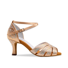 Anna Kern: Arche | Peach Satin & Rhinestones | 2.5" Flare | MED | Suede Sole
