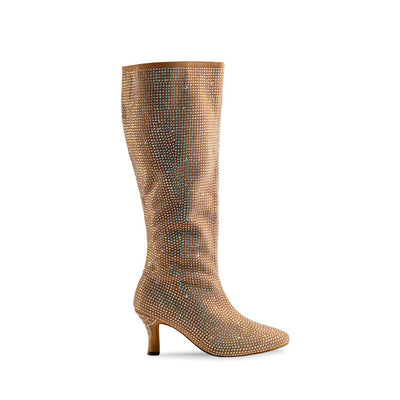 Anna Kern: Soleil Zip-Up Bootie | Tan Satin & Rhinestones | 2.5" Flare | MED | Suede Sole