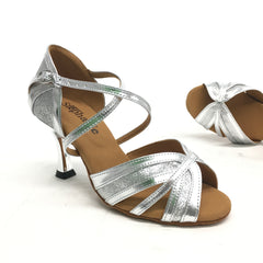 STEPHANIE: Gloria: Silver Leather & Sparkle | 2.5" Metallic Flare | MED