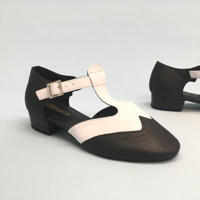 STEPHANIE: Lindsey Black & White Leather | .5" Block Heel | MED | Suede Sole