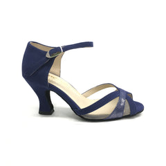 MERLET: Josephine - Deep Blue Suede & Shimmer | 2.5" Baroque Flare