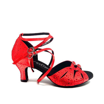Erica Maya  Salsa On 2: Red Satin & Red Rhinestones | 2.5" Thick Flare | WIDE | Suede Sole