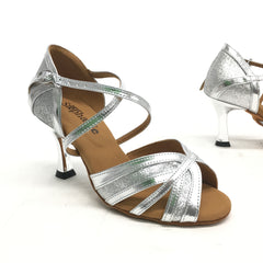 STEPHANIE: Gloria: Silver Leather & Sparkle | 2.5" Metallic Flare | MED