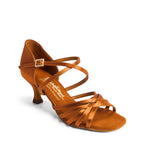 International: Flavia l CARNIVORE: Tan Satin | MEDIUM | 2.0" IDS Flare | Real Suede Sole