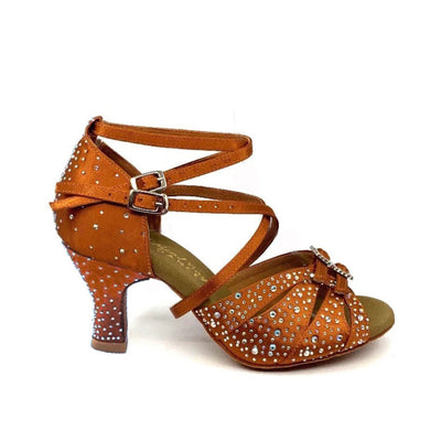 Erica Maya  Salsa On 2: Tan Satin & Rhinestones | 2.5" Thick Flare | WIDE | Suede Sole