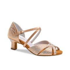 Anna Kern: Bia | Peach Satin & Rhinestones | 2" Flare | MED | Suede Sole