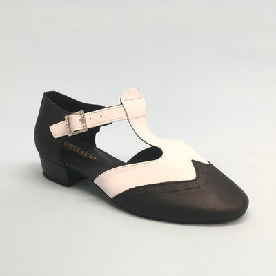 STEPHANIE: Lindsey Black & White Leather | .5" Block Heel | MED | Suede Sole