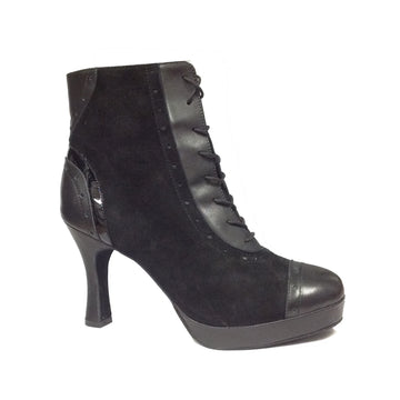 Kelaci: Czarina Platform Bootie: Black Suede, Leather & Patent | 4.0" Baelfire | MED | Suede Sole