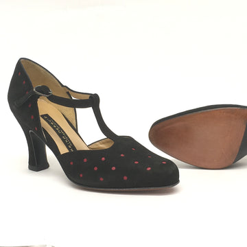 AN: Beretin TINA:  Black Suede with Red Polka Dots | 3.0" 1940s | MED | Polished Hard Leather Sole