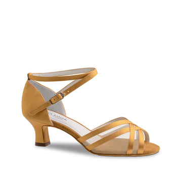 Anna Kern: Moirai | Tan Satin & Mesh | 2" Flare | MED | Suede Sole