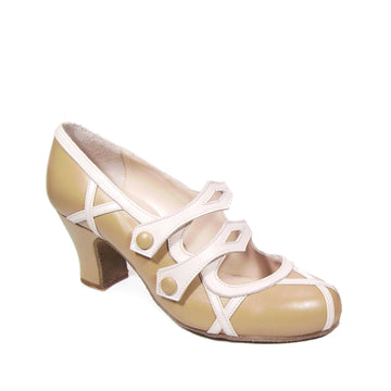 Begona Cervera: Barroco: Beige & Ivory Leather | 2.5" Carrete | MED | Suede Sole | Limited Edition