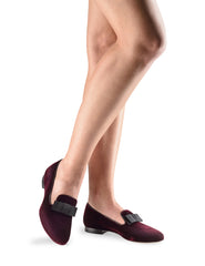 Werner Kern: Women's Lee Loafer - Crimson Velvet with Black Grosgrain Bow | 0.5" Stacked Heel | MED | Flexible Raw HARDSOLE