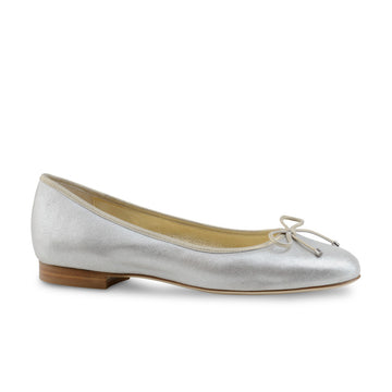 Werner Kern: Jane Classic Ballerina Flat Plain Toe - Silver Pixie Dust with Platinum Piping  | 0.5" Stacked Heel | MED | Flexible Raw HARDSOLE