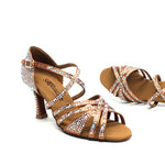 STEPHANIE: Julia: Tan Satin Rhinestones | 2.5" Flare | MED