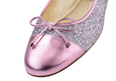 Werner Kern: Kay CapToe Ballerina Flat - Pink with Pink Sparkle Brocade | 0.5" Stacked Heel | MED | Flexible Raw Hard Leather Sole