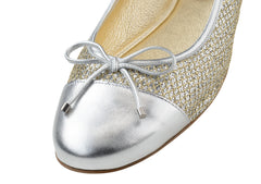 Werner Kern: Kay CapToe Ballerina Flat - Silver with Platinum Brocade | 0.5" Stacked Heel | MED | Flexible Raw Hard Leather Sole