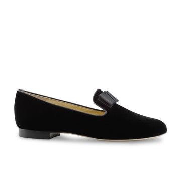 Werner Kern: Women's Lee Loafer - Black Velvet with Black Grosgrain Bow | 0.5" Stacked Heel | MED | Flexible Raw HARDSOLE