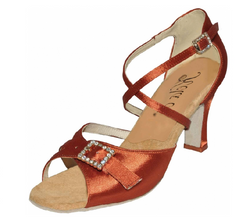 Kelaci: Ziba CB: Dark Tan Satin | 2.5" Encino Heel | DBL SOLE | ADJUSTABLE WIDTH